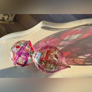 Vintage Hand Painted Blown Glass With Gold Glitter Ornament